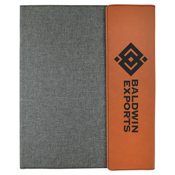 Rawhide leatherette panel on gray canvas portfolio with notepad