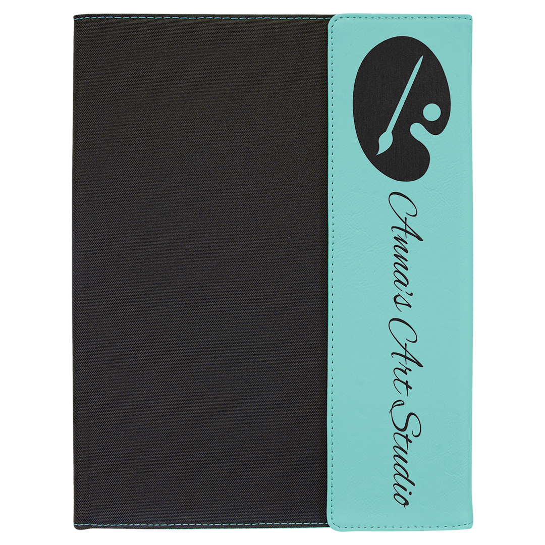 Teal leatherette panel on black canvas portfolio with notepad