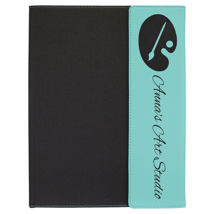 Teal leatherette panel on black canvas portfolio with notepad