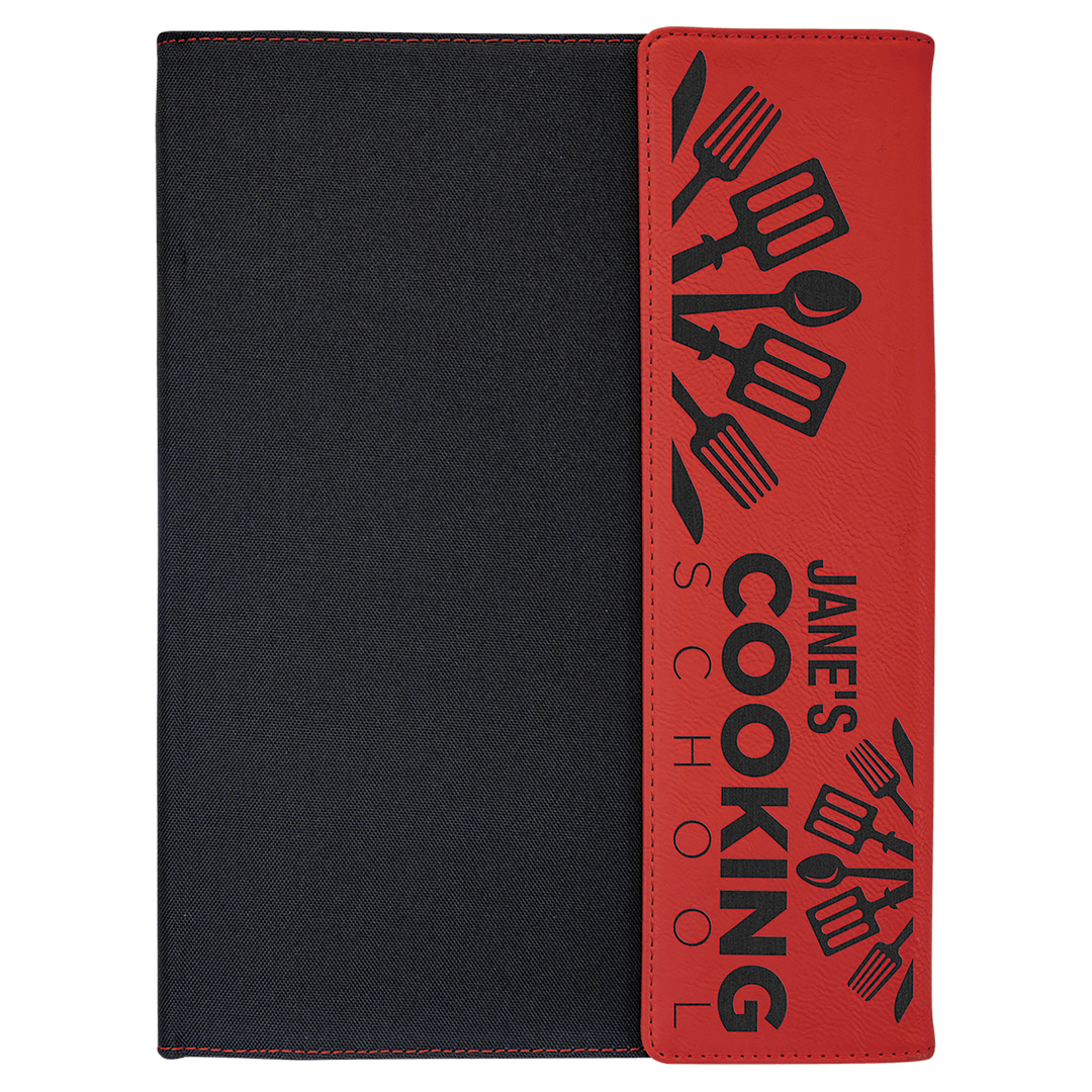 Red leatherette panel on black canvas portfolio with notepad