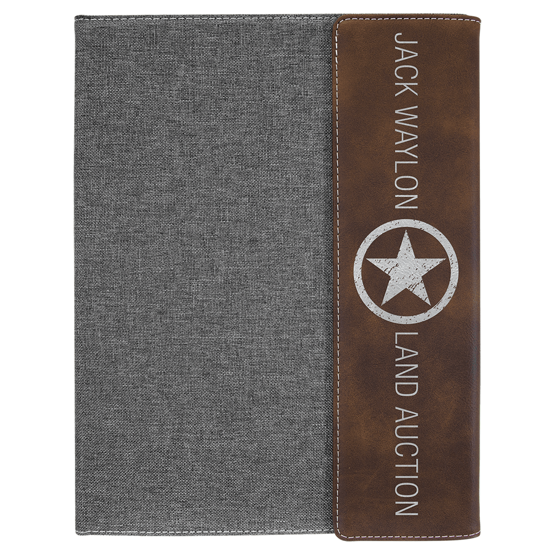 Rustic/Silver leatherette panel on gray canvas portfolio with notepad