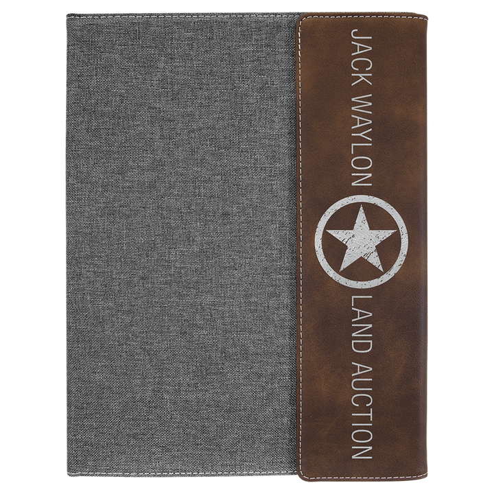 Rustic/Silver leatherette panel on gray canvas portfolio with notepad