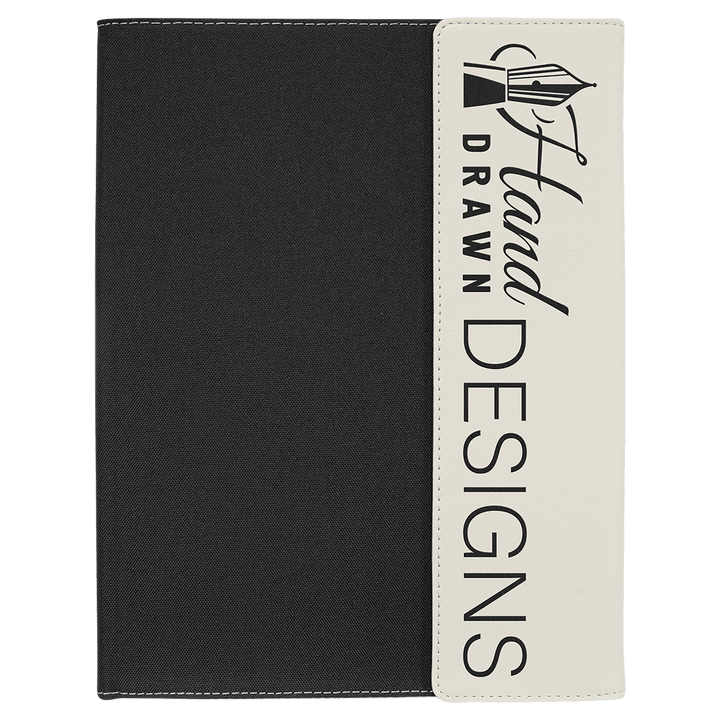 White leatherette panel on black canvas portfolio with notepad