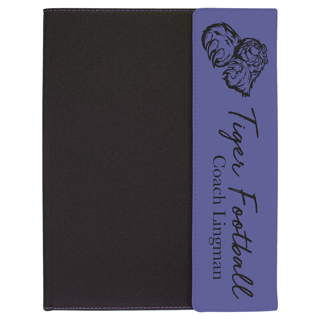Purple leatherette panel on black canvas portfolio with notepad
