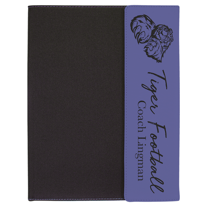 Purple leatherette panel on black canvas portfolio with notepad