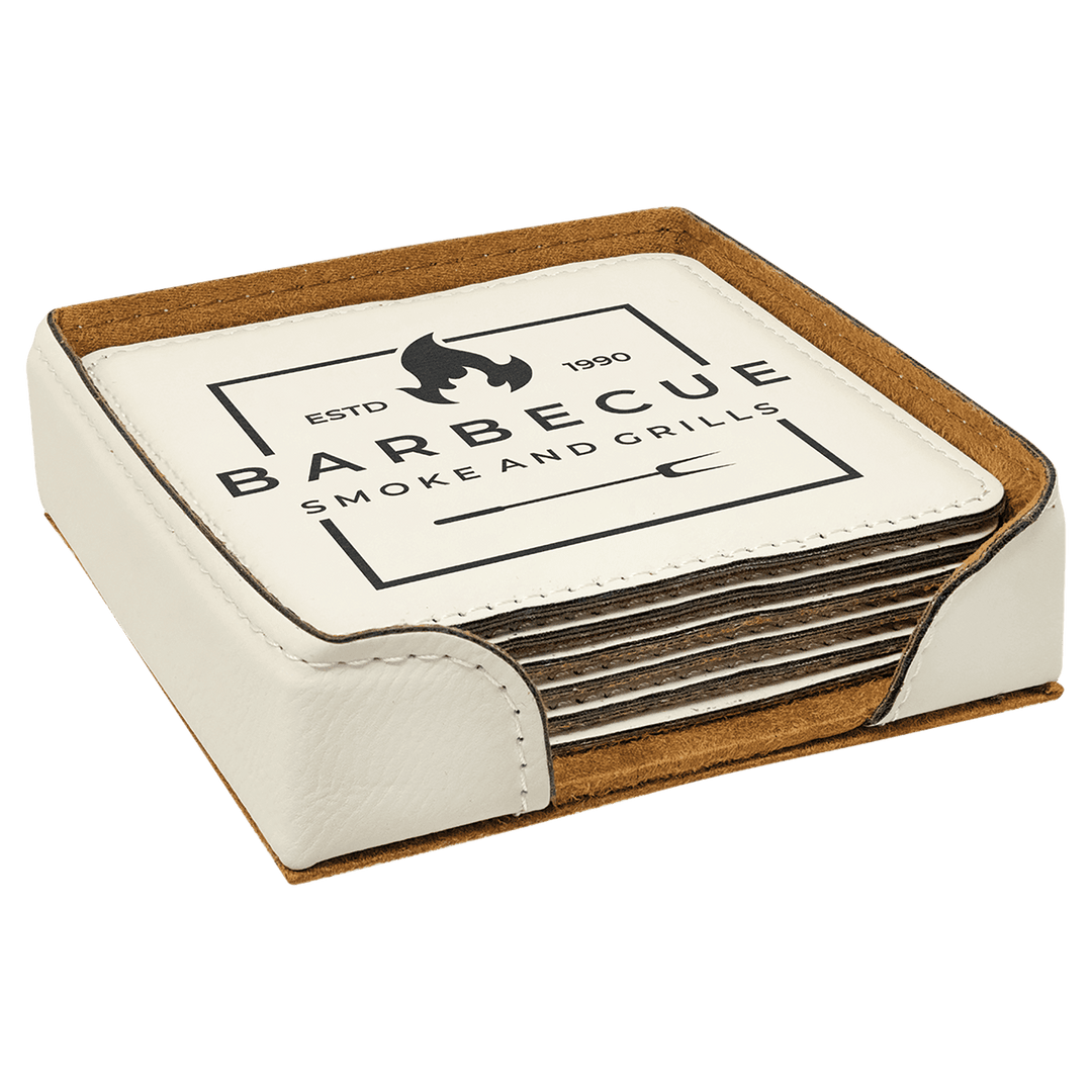 Engraved Leatherette Coasters with Logo in Square / White