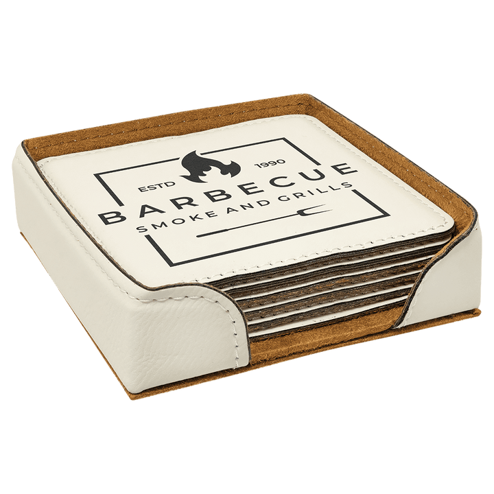 Engraved Leatherette Coasters with Logo in Square / White