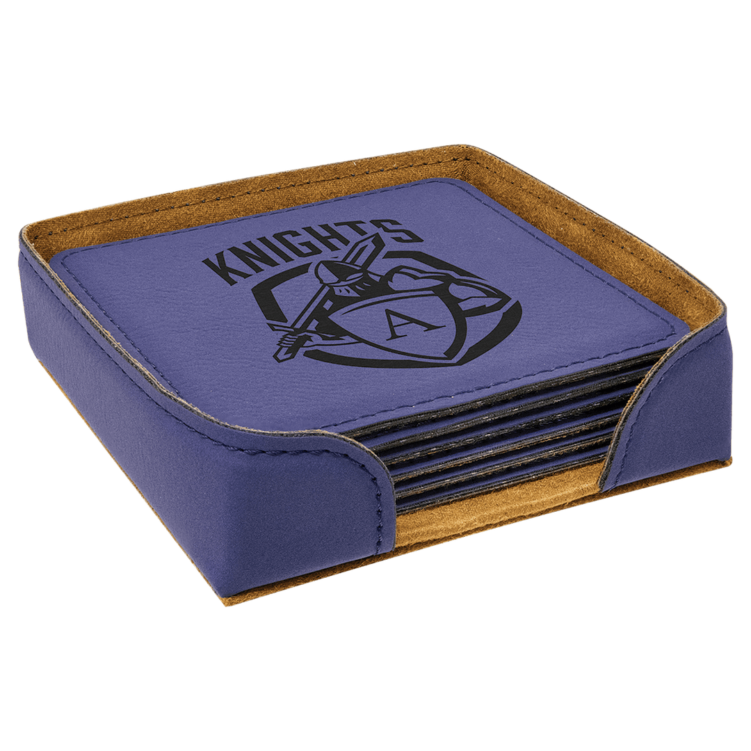 Engraved Leatherette Coasters with Logo in Square / Purple