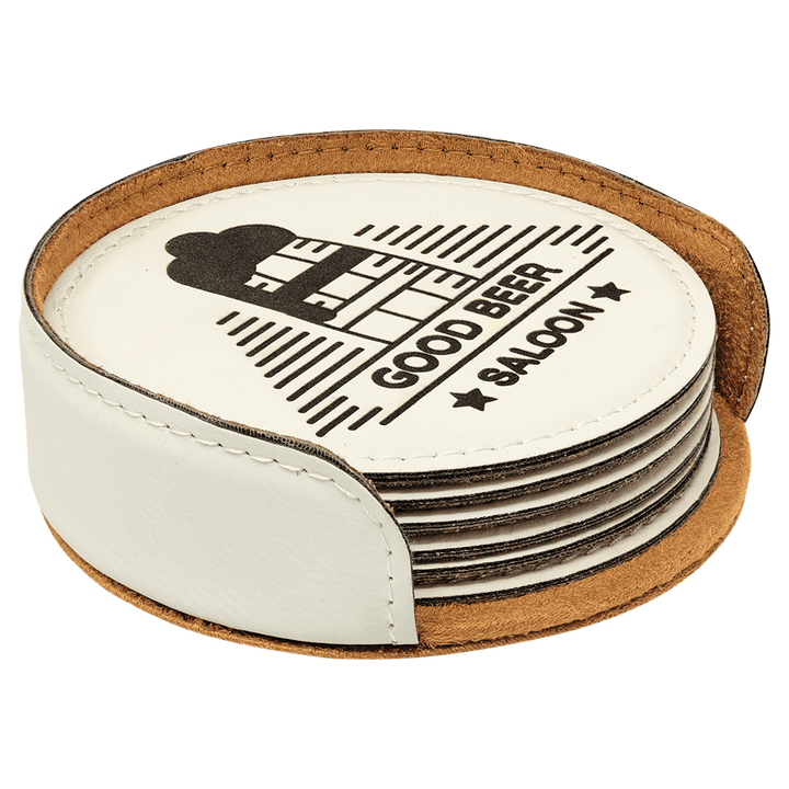 Engraved Leatherette Coasters with Logo in Round / White