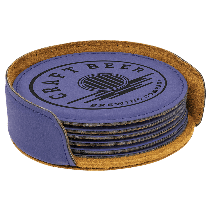 Engraved Leatherette Coasters with Logo in Round / Purple