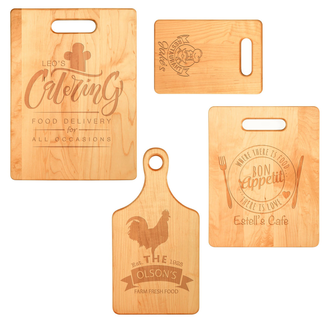 Maple cutting boards engraved with sample restaurant and catering logos
