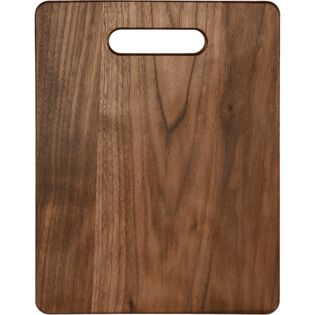 11 1/2 x 8 3/4 inch walnut cutting board with handle cutout