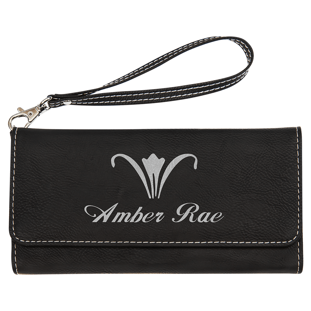 Black/Silver 7 1/2" x 4" Laserable Leatherette Wallet with Strap