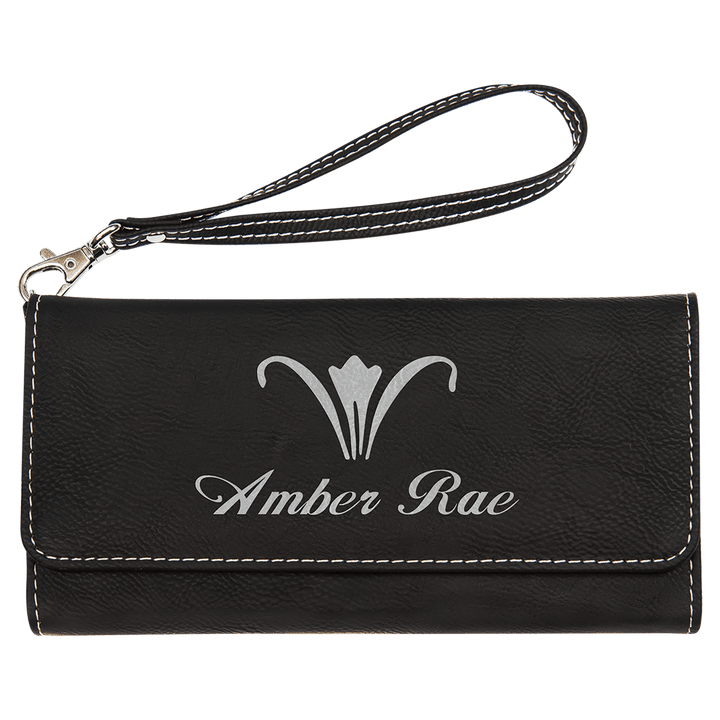 Black/Silver 7 1/2" x 4" Laserable Leatherette Wallet with Strap