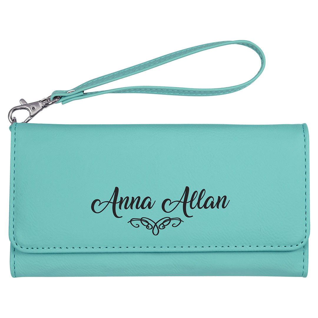 Teal 7 1/2" x 4" Laserable Leatherette Wallet with Strap