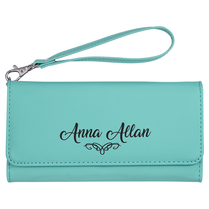 Teal 7 1/2" x 4" Laserable Leatherette Wallet with Strap