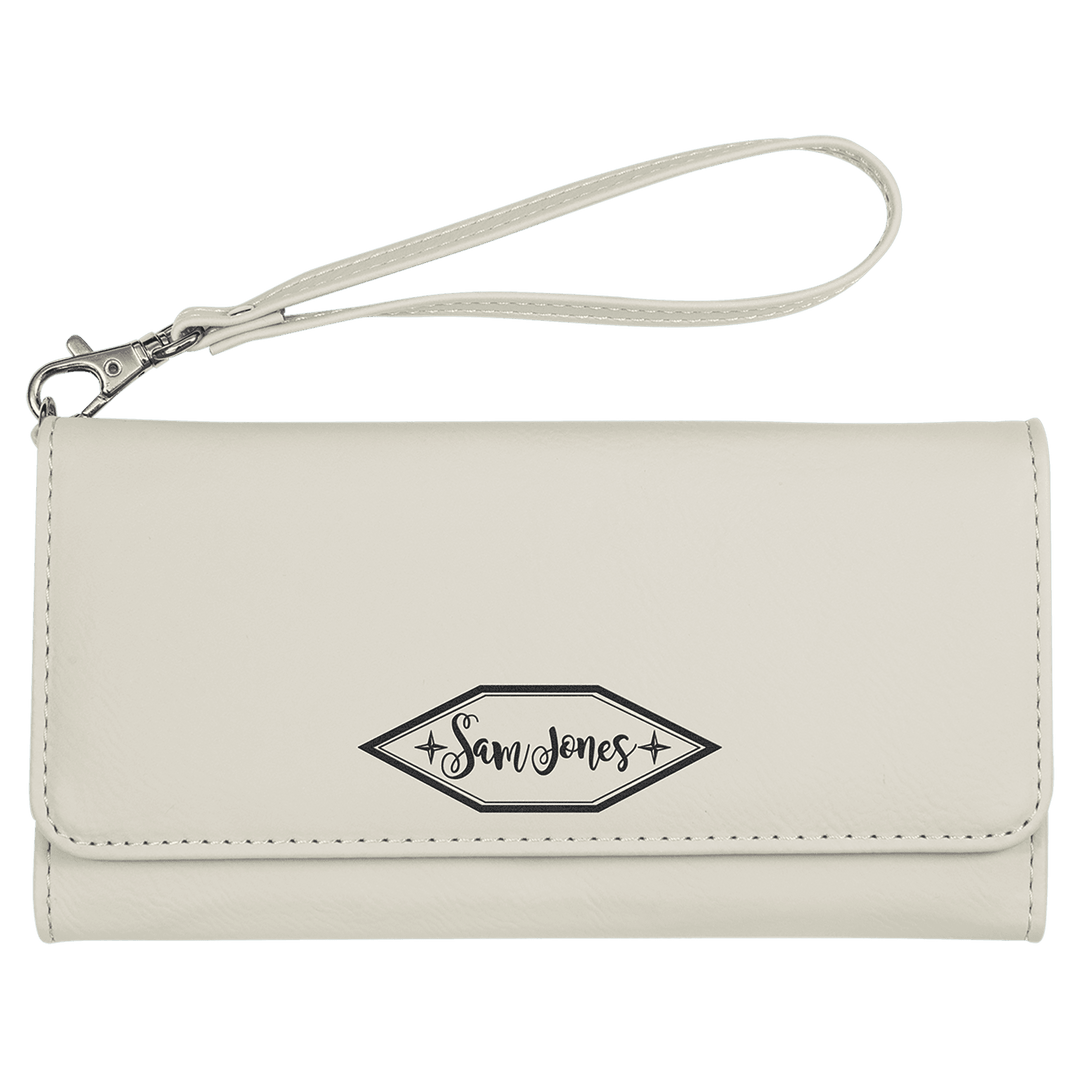 White 7 1/2" x 4" Laserable Leatherette Wallet with Strap