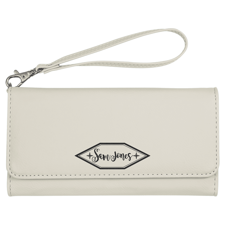 White 7 1/2" x 4" Laserable Leatherette Wallet with Strap
