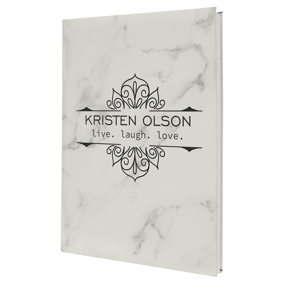 7" x 9 3/4" White Marble Laserable Leatherette Journal with Lined Notepad