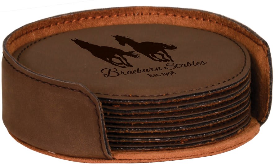 Engraved Leatherette Coasters with Logo in Round / Dark Brown