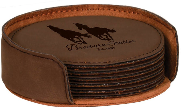Engraved Leatherette Coasters with Logo in Round / Dark Brown
