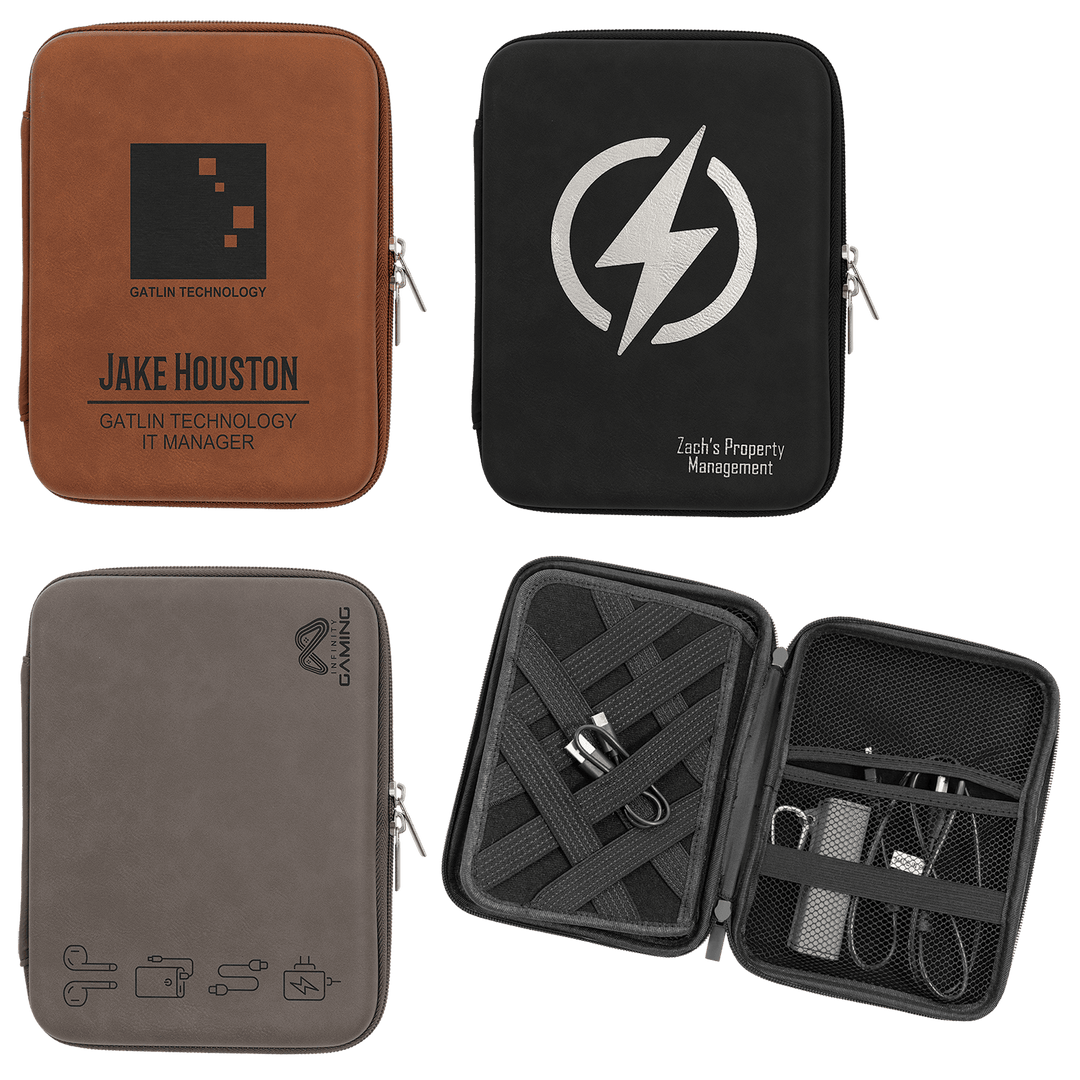 Engraved cord cases in rawhide, black and gray, and one open showing cords inside