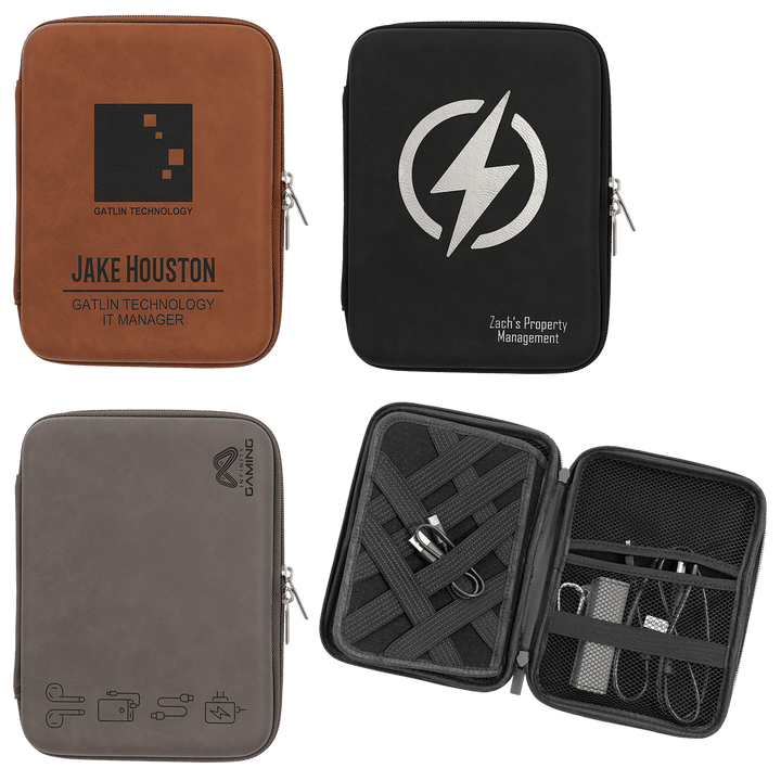 Engraved cord cases in rawhide, black and gray, and one open showing cords inside