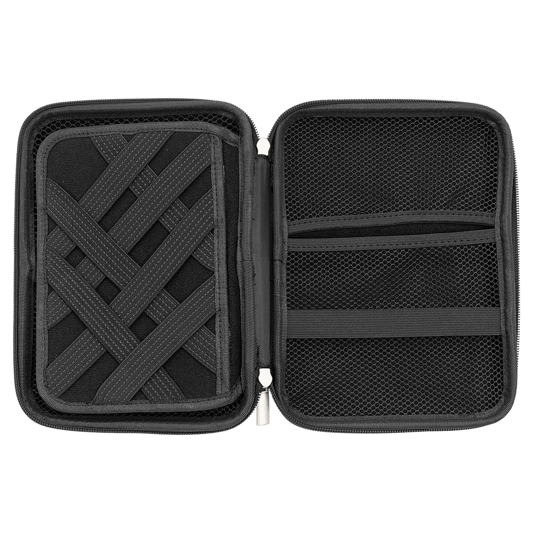 Cord case open: elastic grid on one side, mesh pocket and strap on the other