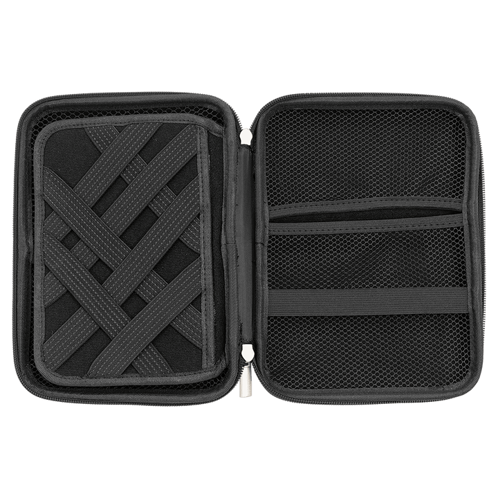Cord case open: elastic grid on one side, mesh pocket and strap on the other