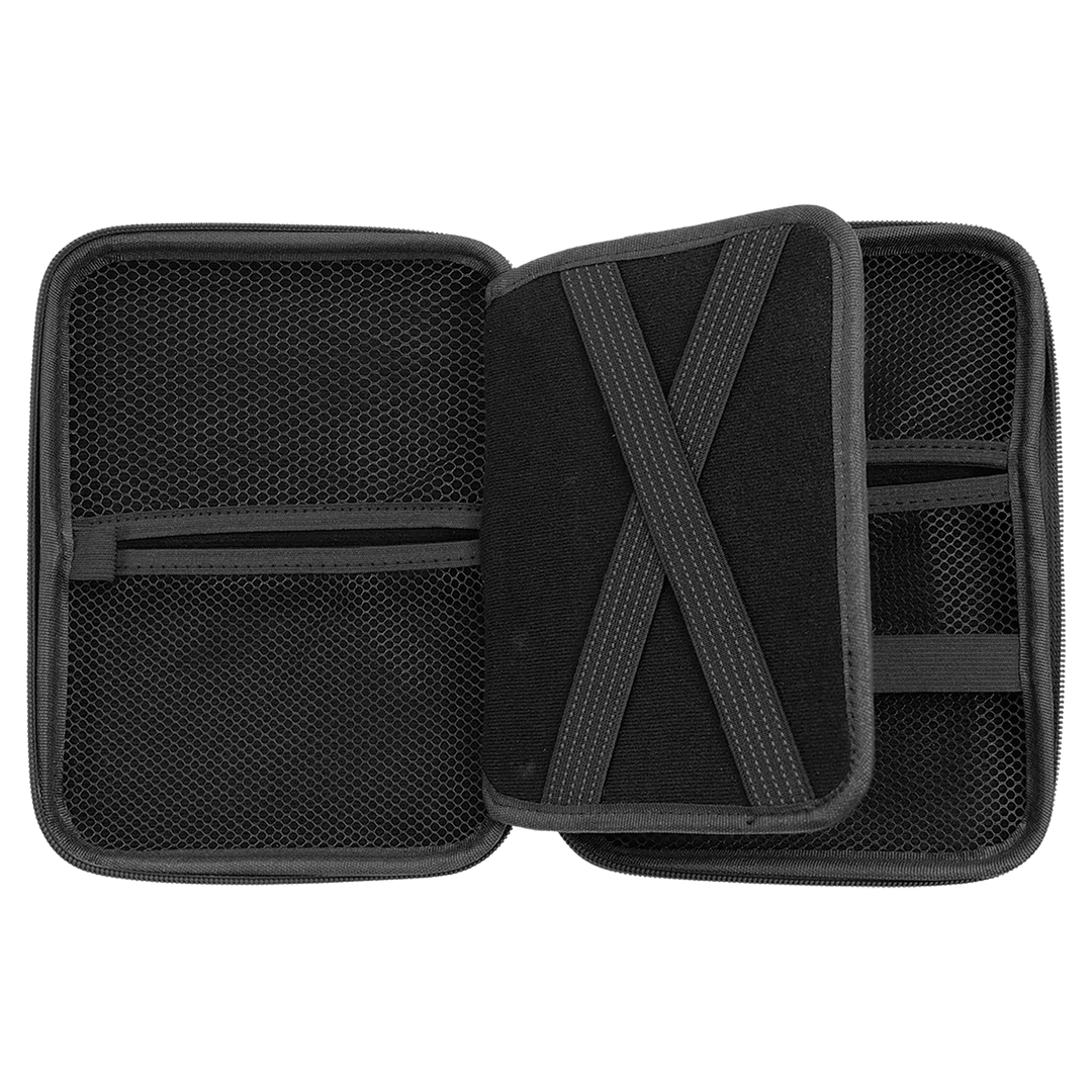 Cord case open with the center flap lifted, showing the crossed elastic straps