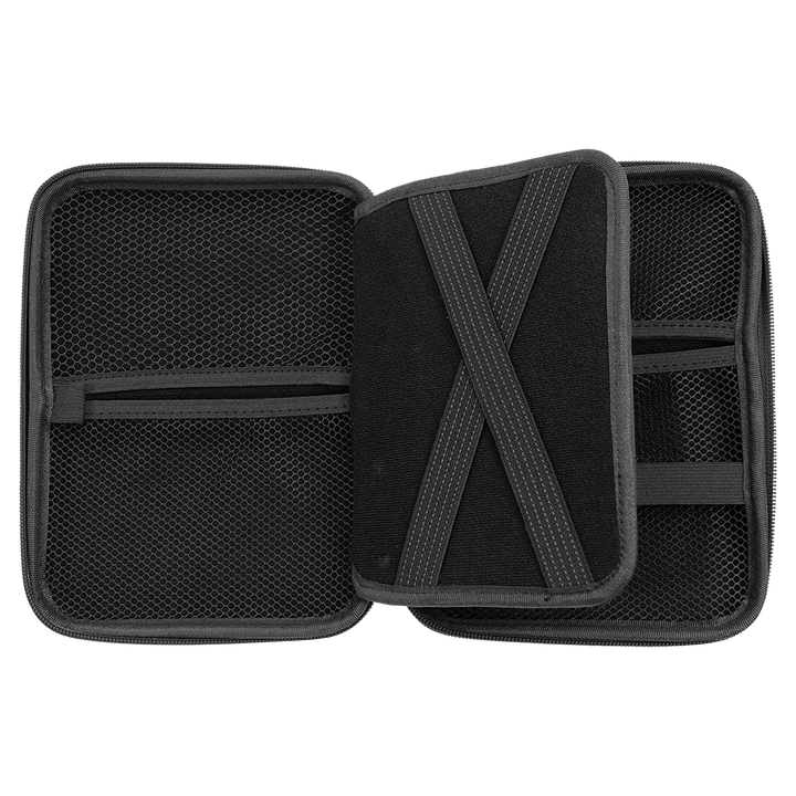 Cord case open with the center flap lifted, showing the crossed elastic straps
