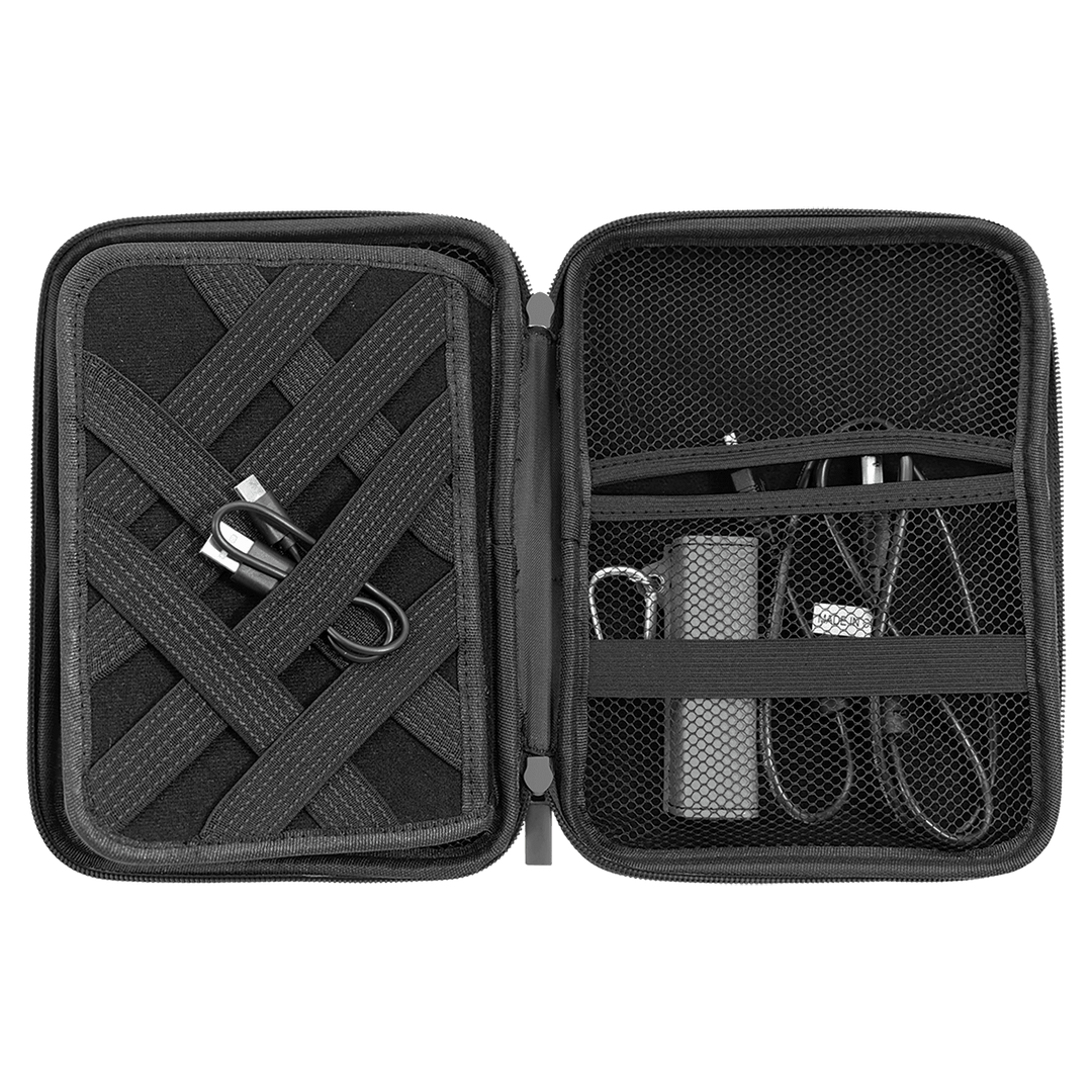 Cord case packed with cables, a power bank and charger