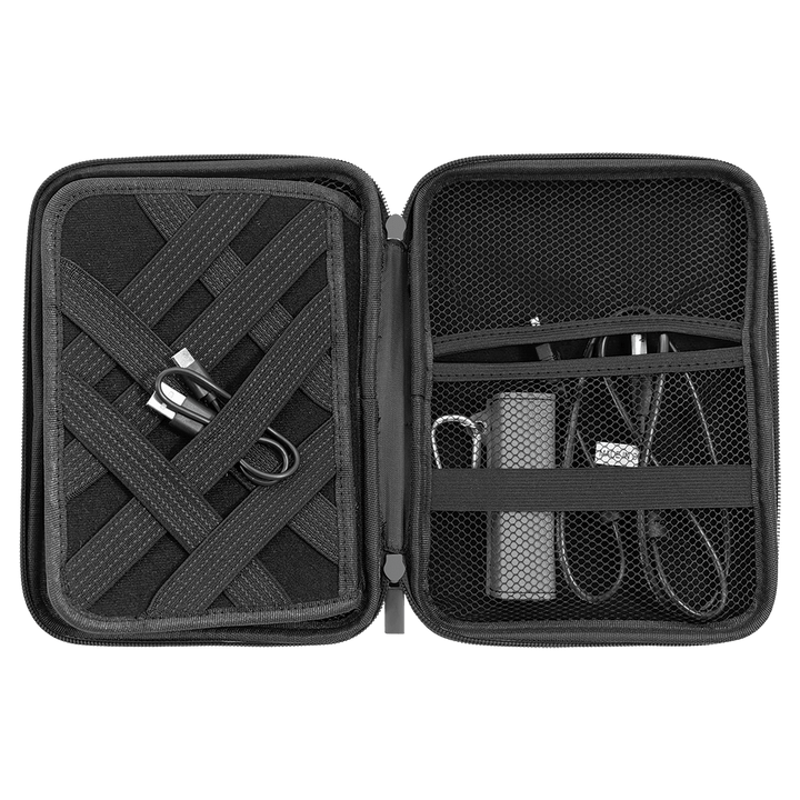Cord case packed with cables, a power bank and charger
