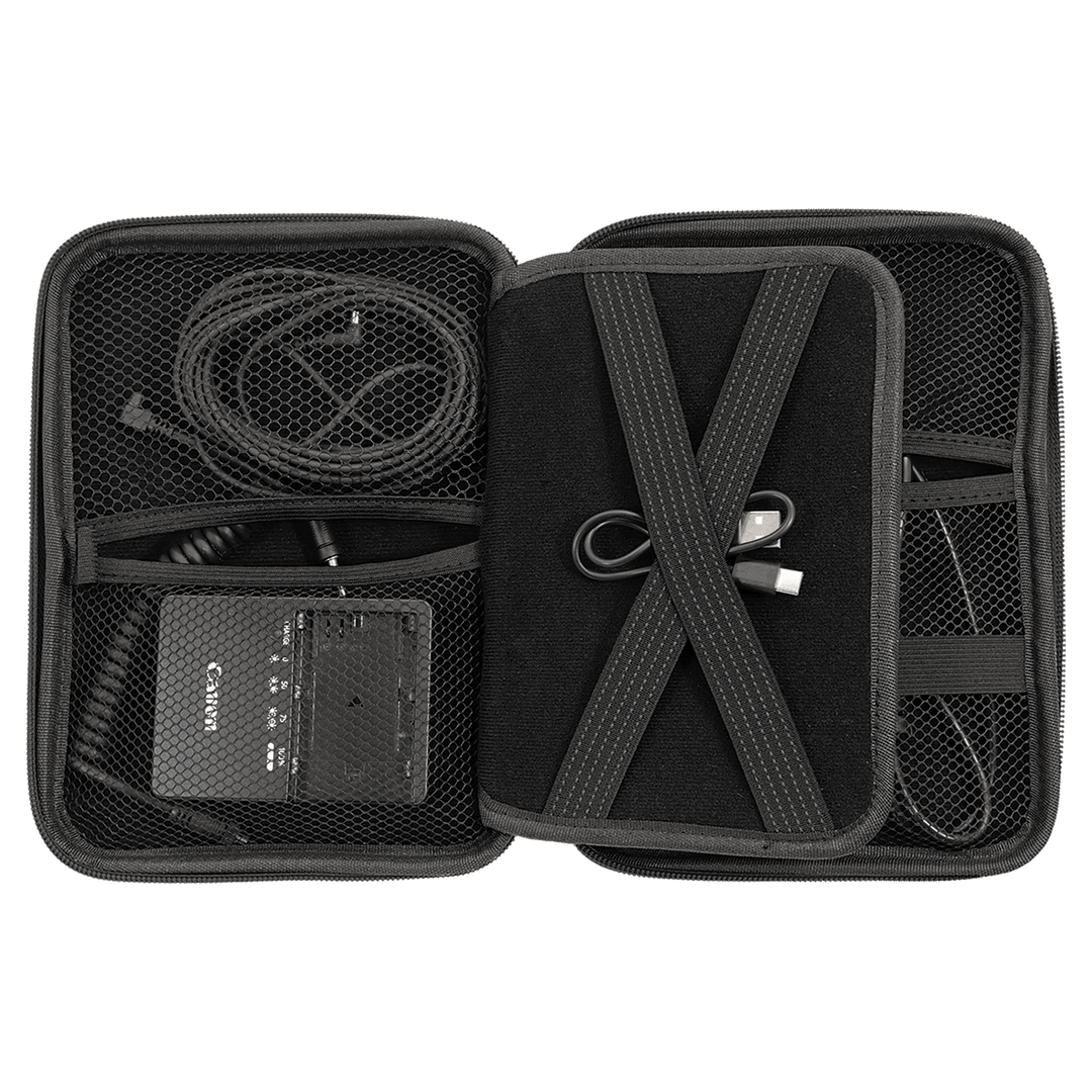 Cord case packed with a camera charger and cables