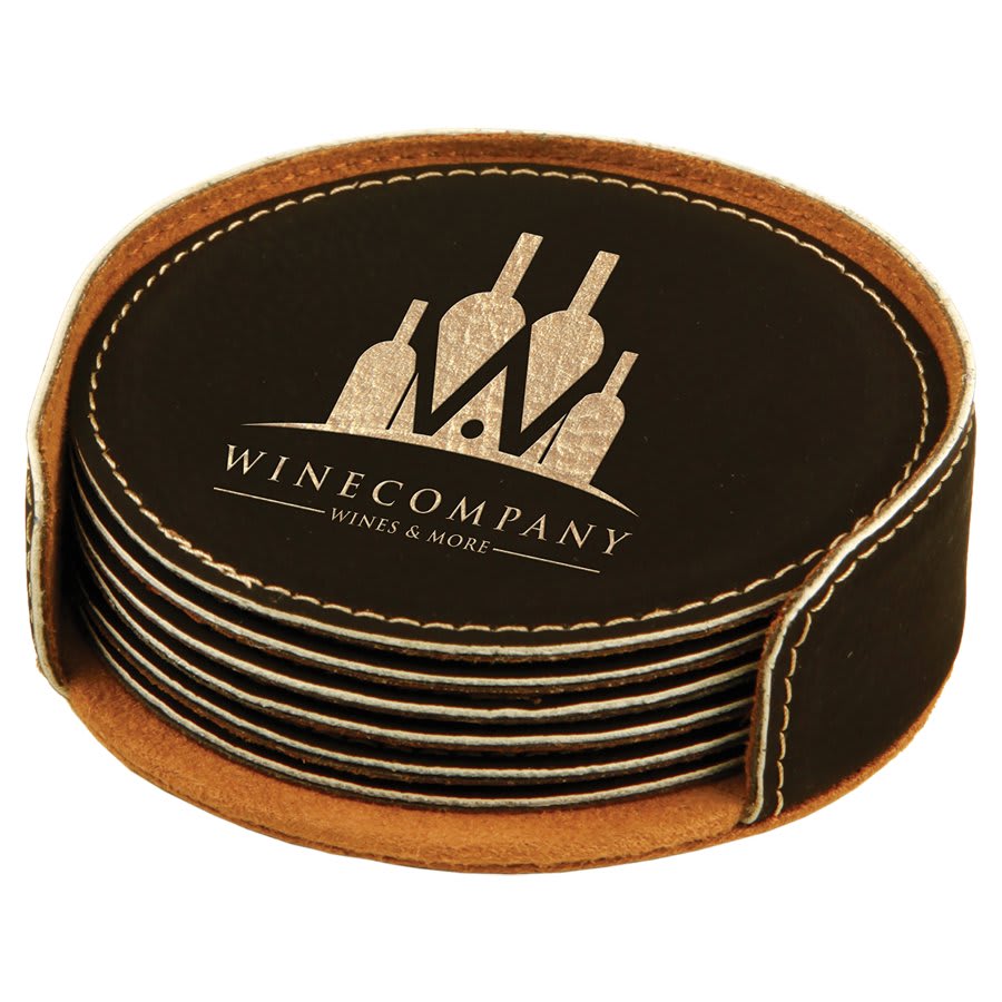 Engraved Leatherette Coasters with Logo in Round / Black/Gold