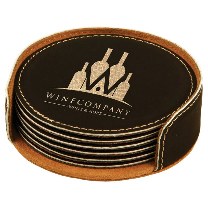 Engraved Leatherette Coasters with Logo in Round / Black/Gold
