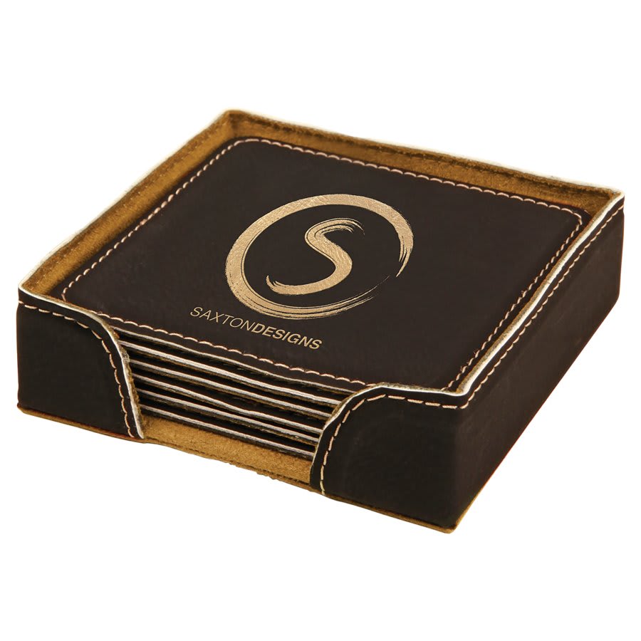 Engraved Leatherette Coasters with Logo in Square / Black/Gold