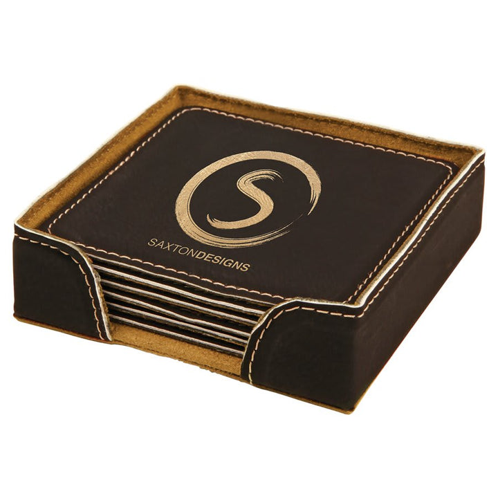 Engraved Leatherette Coasters with Logo in Square / Black/Gold