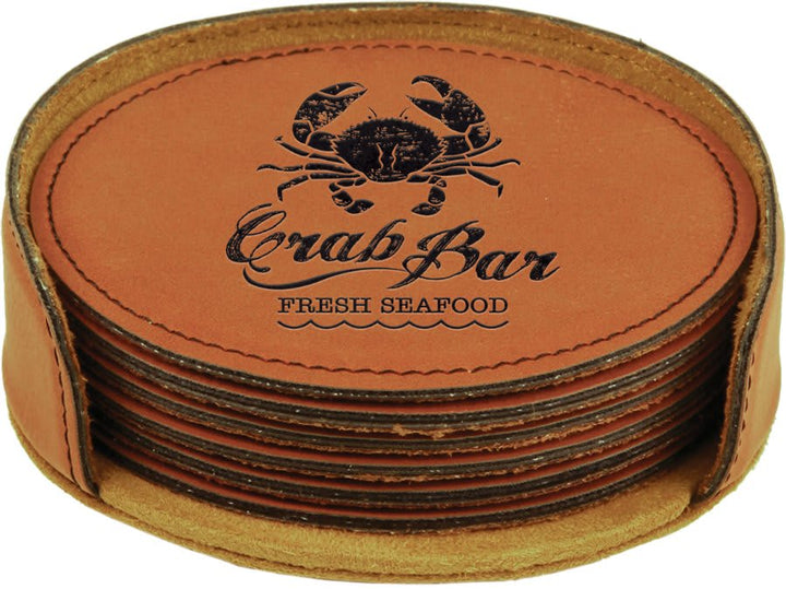 Engraved Leatherette Coasters with Logo in Round / Rawhide