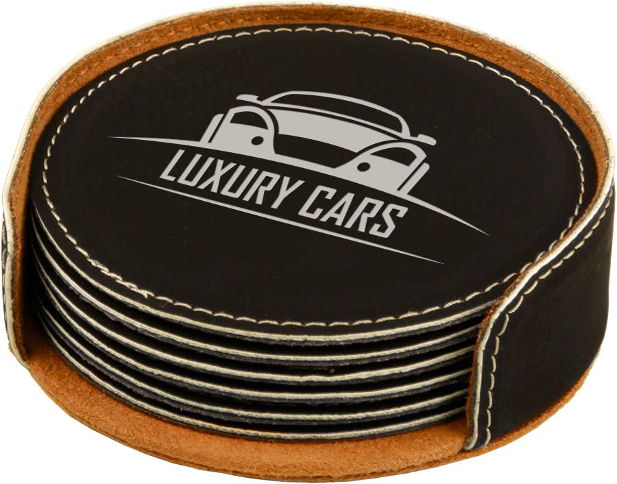 Engraved Leatherette Coasters with Logo in Round / Black/Silver