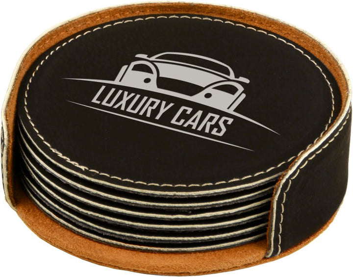 Engraved Leatherette Coasters with Logo in Round / Black/Silver