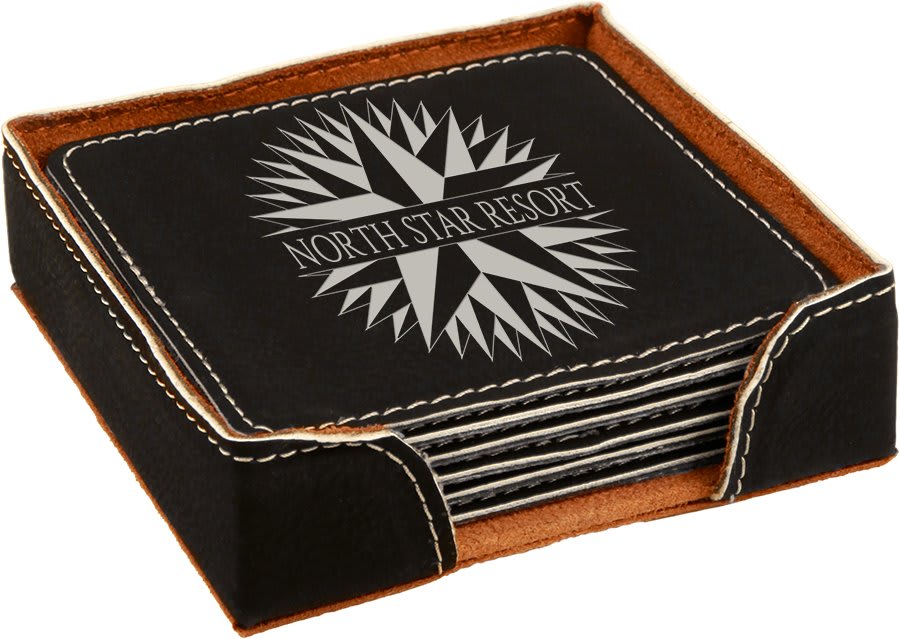 Engraved Leatherette Coasters with Logo in Square / Black/Silver