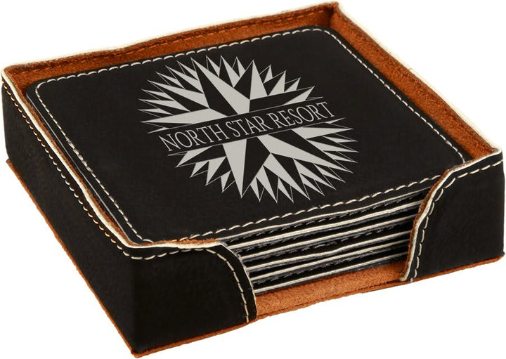 Engraved Leatherette Coasters with Logo in Square / Black/Silver