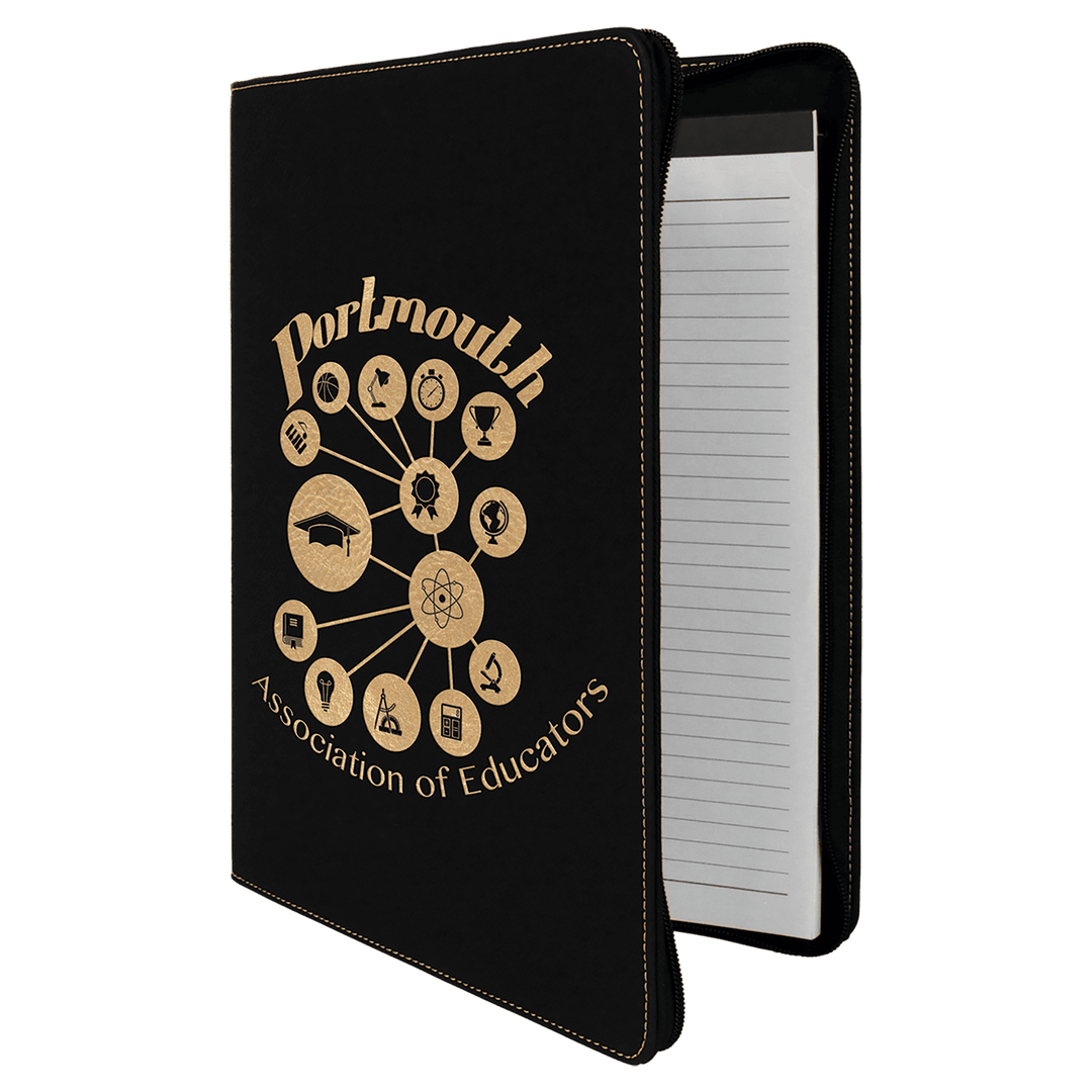 Black/Gold 9 1/2" x 12" with Zipper Laserable Leatherette Portfolio with Notepad