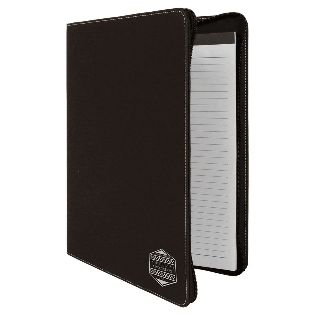 Black/Silver 9 1/2" x 12" w/Zipper Laserable Leatherette Portfolio with Notepad