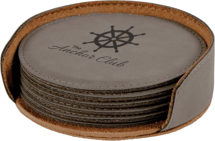 Engraved Leatherette Coasters with Logo in Round / Gray