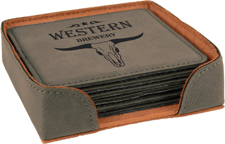 Engraved Leatherette Coasters with Logo in Square / Gray