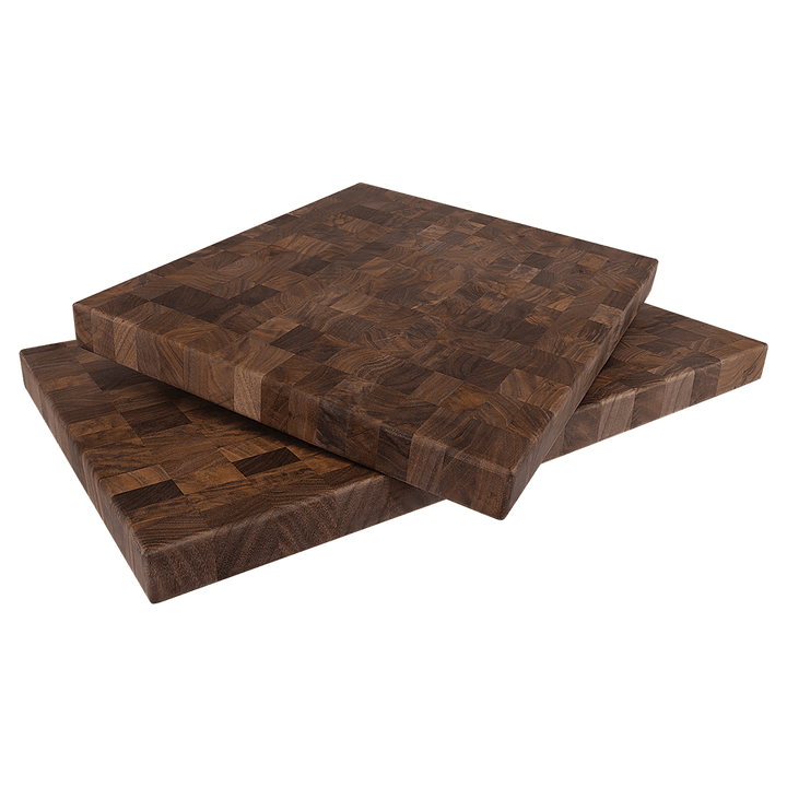 Two stacked walnut butcher block boards