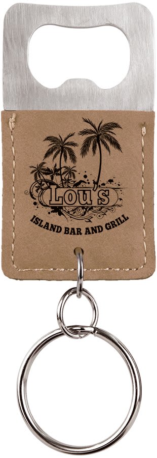 Light brown leatherette bottle opener keychain laser engraved with a sample business logo