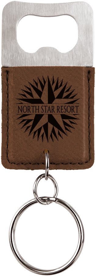 Dark brown leatherette bottle opener keychain laser engraved with a sample business logo